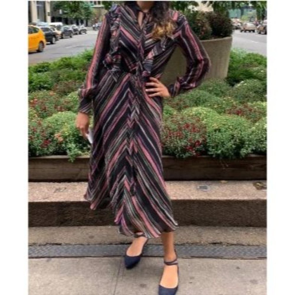 Giamba Black Stripe Ruffle Blouson Midi Dress $1335 - Picture 2 of 15